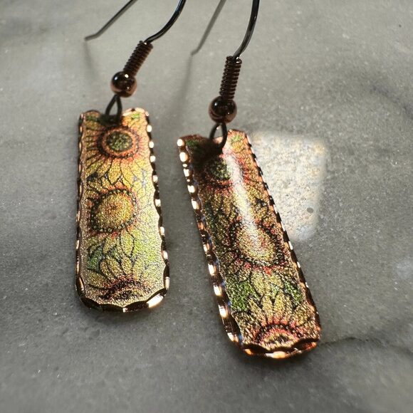 Handcrafted Copper Diamond Cut Sunflower Wire Drop Earrings, Western Boho, Gift - Picture 4 of 9